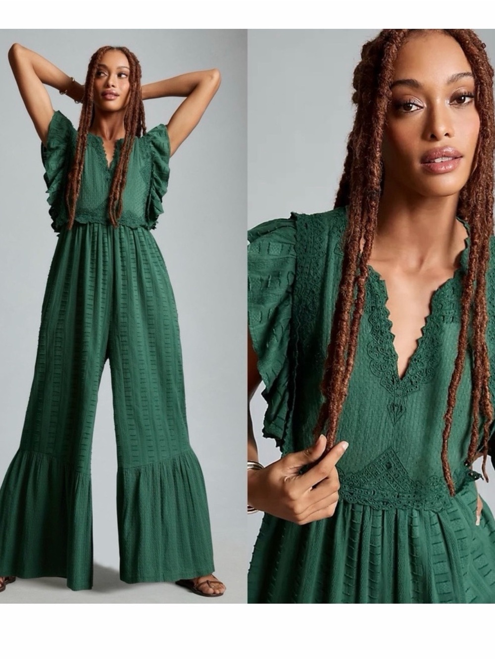 Anthropologie Flutter-Sleeve Wide-Leg Jumpsuit in Forest Green